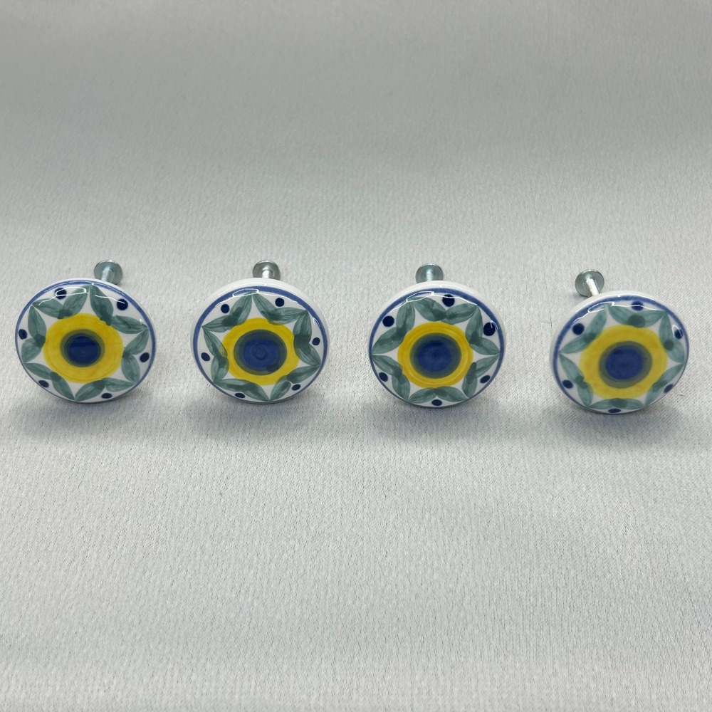 WIlliams Sonoma Marisol Ceramic Cabinet Knobs Set of 4 Yellow Blue Green Italy